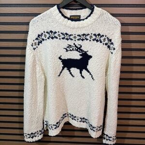 Woolrich Cream Crewneck Sweater with Navy Reindeer Motif